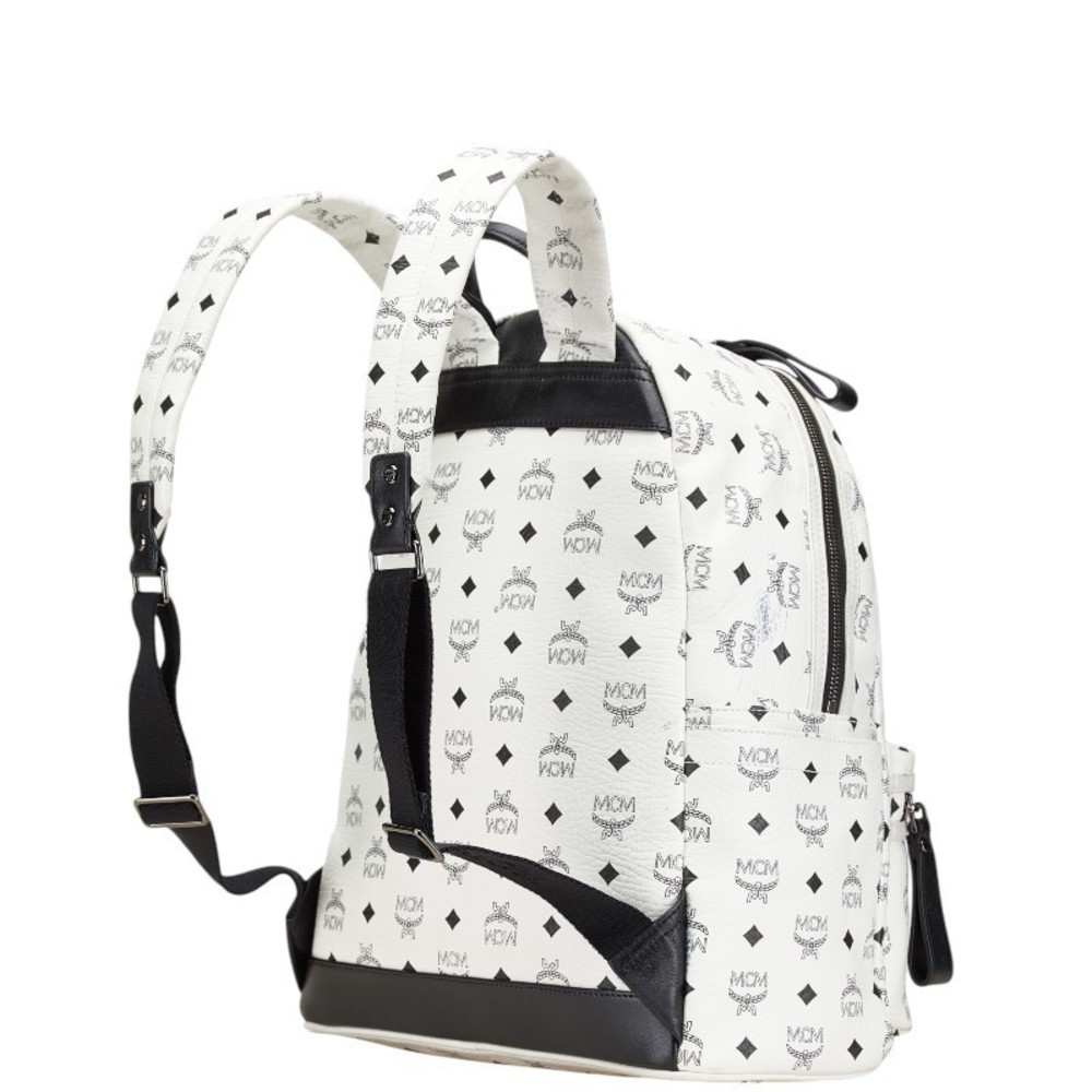 MCM Visetos Logogram Studded Rucksack Backpack White Black Leather - Picture 2 of 11